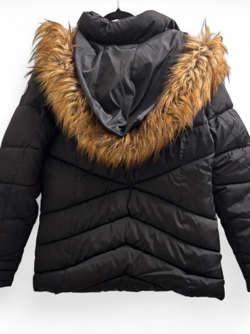 Madden Girl Black Quilted Puffer Jacket Faux Fur Trim Hood Women’s - Picture 5 of 8